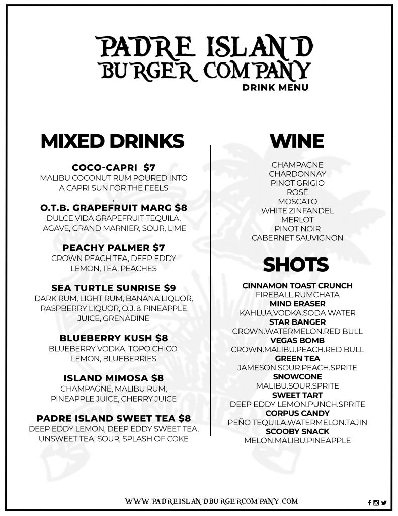 bcococktailmenuNEW2020 Padre Island Burger Company